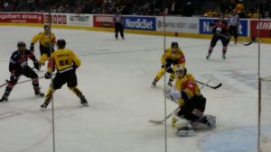 Ein Schuss der Eisbären geht knapp am Tor vorbei. (Foto: eisbaerlin.de/Walker)